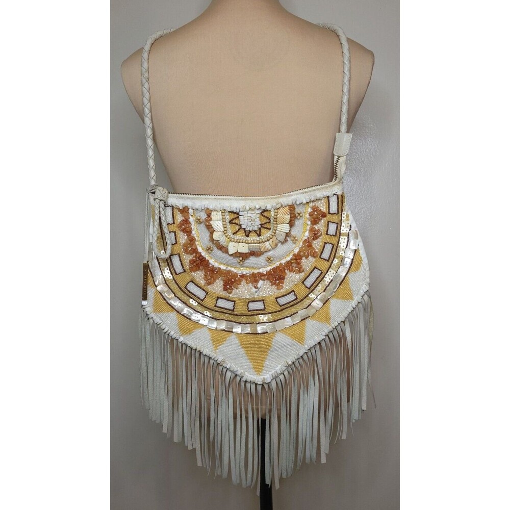Elliott Lucca Leather Handbag/ Crossbody Shell Stone Beading Detail Fringe Purse